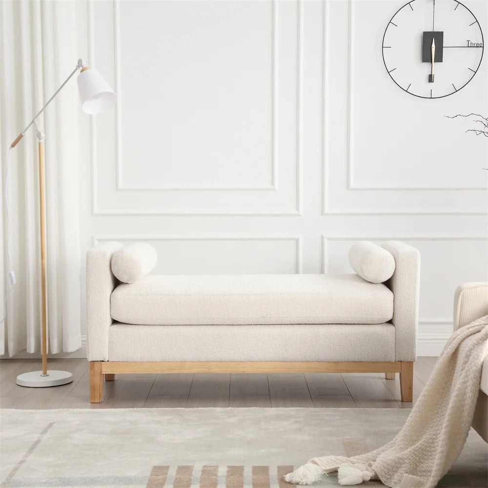 53.5"w Elegant Upholstered Bench with Wood Legs & Round Pillows, Comfy Boucle Fabric Footrest with Arms - Product image 2