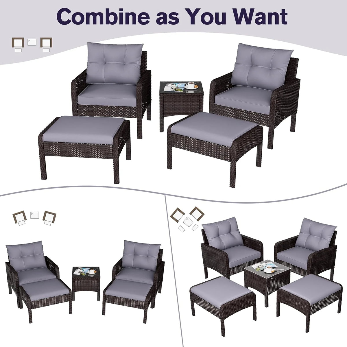 AECOJOY Outdoor 5 Pieces Patio Furniture Set, PE Rattan Wicker Chairs with Ottoman and Table, Brown/Grey - Product image 4