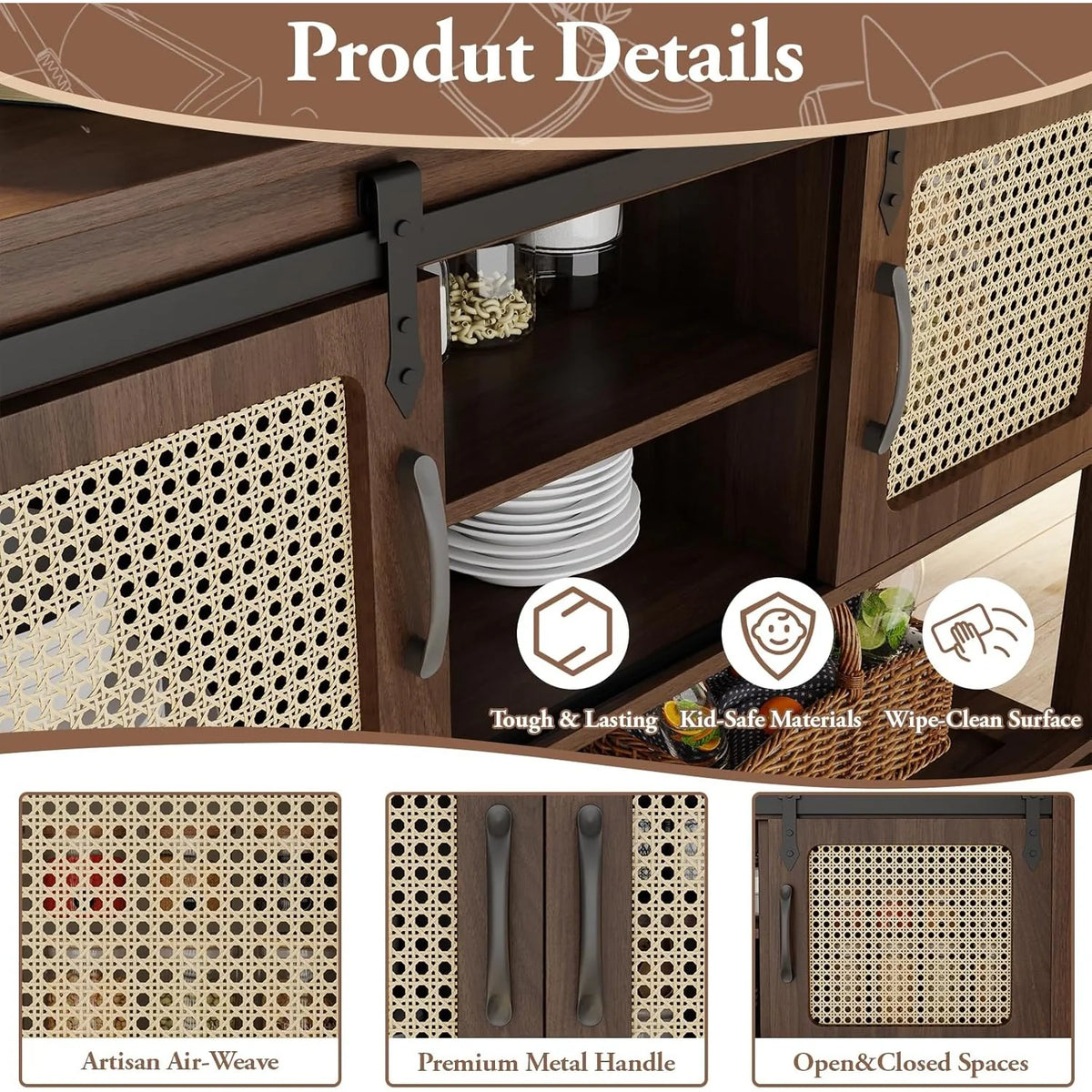 AECOJOY Buffet Cabinet, Coffee Bar Storage Cabinet, 46'' Coffee Bar Table with Rattan Sliding Barn Door - Product image 4