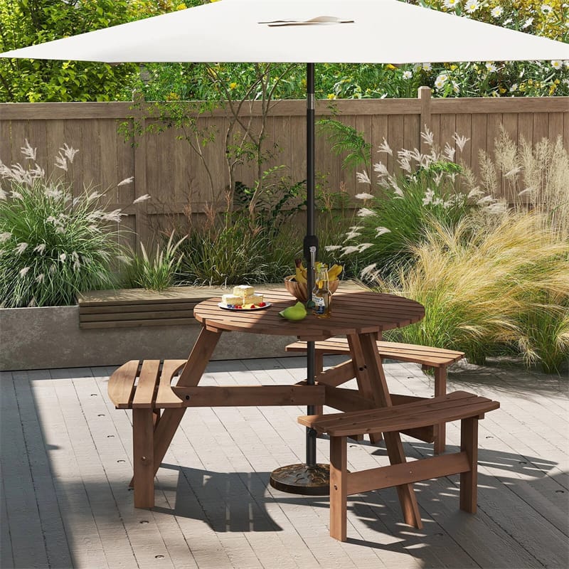 6-Person Round Wood Picnic Table Set with 3 Built-in Benches & 2" Umbrella Hole, Holds 1850 LBS - Product image 3
