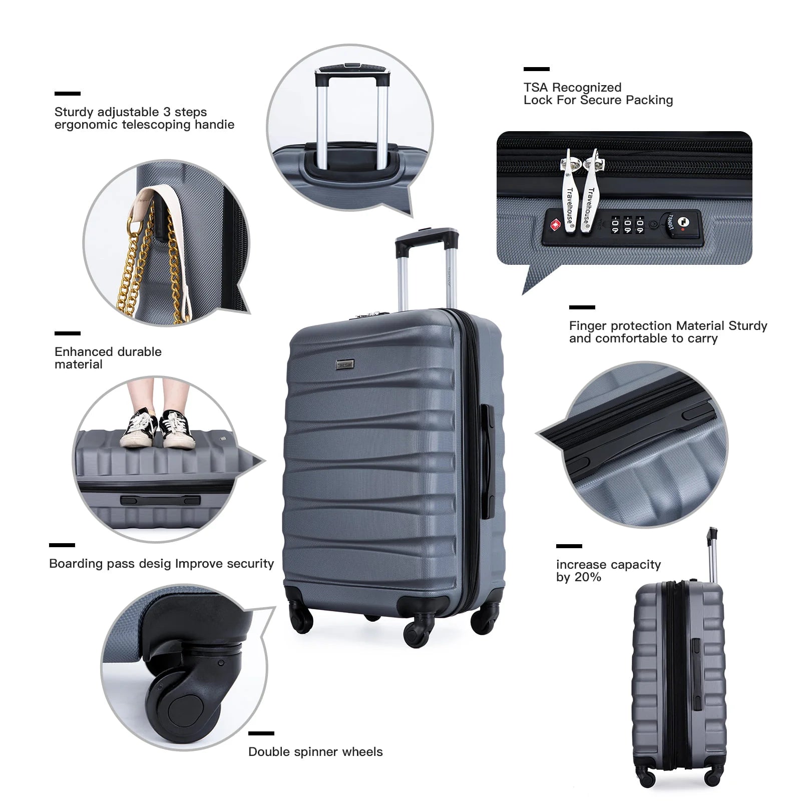 Travelhouse 3 Piece Luggage Set Expandable Hardshell Lightweight Suitcase with TSA Lock Spinner Wheels - Product image 4