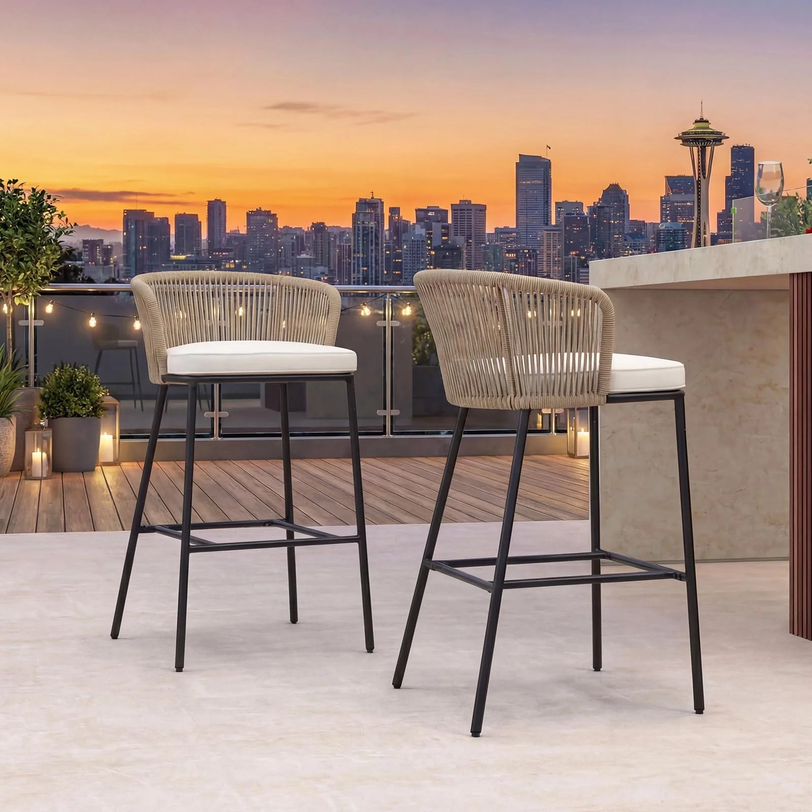 Tangkula Outdoor Bar Stools Set of 2/4 Bar Height Woven Rope Patio Chairs with Cushions and Backrests - Product image 2