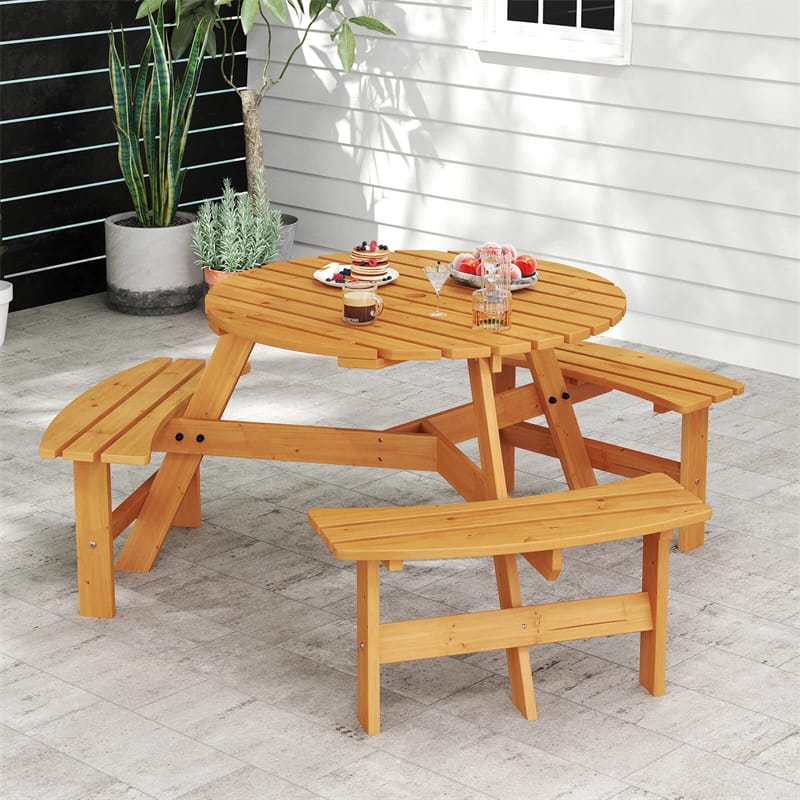 6-Person Round Wood Picnic Table Set with 3 Built-in Benches & 2" Umbrella Hole, Holds 1850 LBS - Product image 12