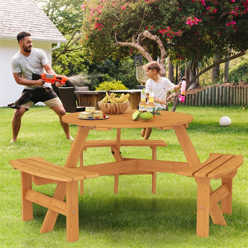 6-Person Round Wood Picnic Table Set with 3 Built-in Benches & 2" Umbrella Hole, Holds 1850 LBS - Product image 20