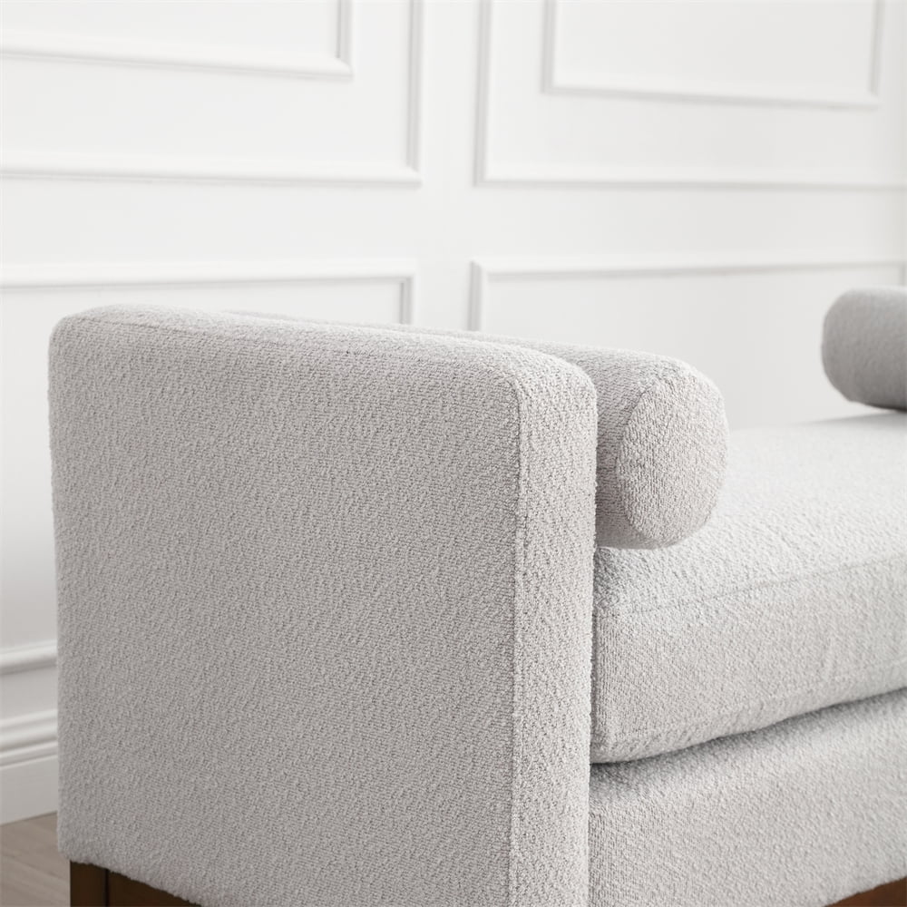 53.5"w Elegant Upholstered Bench with Wood Legs & Round Pillows, Comfy Boucle Fabric Footrest with Arms - Product image 13