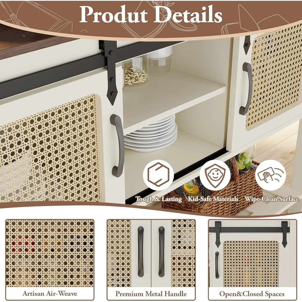 AECOJOY Buffet Cabinet, Coffee Bar Storage Cabinet, 46'' Coffee Bar Table with Rattan Sliding Barn Door - Product image 10