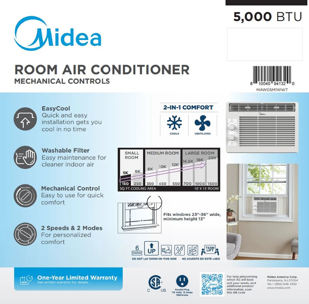 Midea 5, 000 BTU 150 Sq Ft Mechanical Window Air Conditioner, White, MAW05M1WWT, New