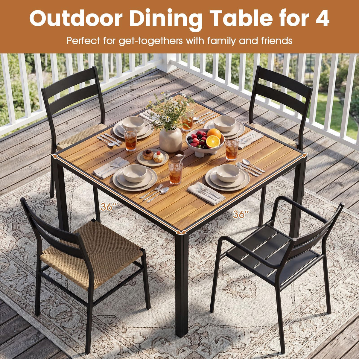 Tangkula 36" Square Acacia Wood Patio Dining Table 1.97" Umbrella Hole and Heavy Duty Metal Frame - Product image 3