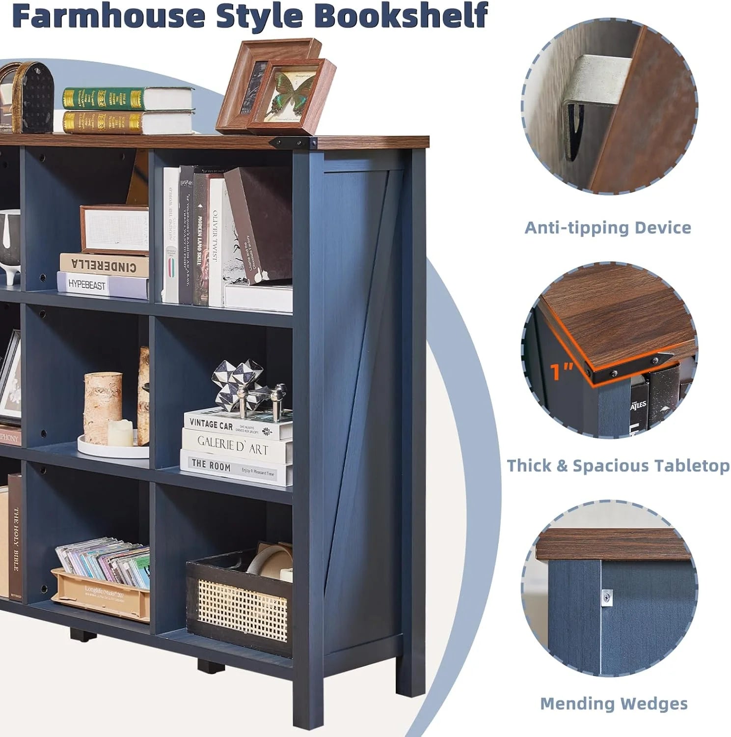 9 Cube Bookcase, Farmhouse 47 in Wide Navy Blue Bookshelf, Wooden 3 Tier Display Large Open Book Shelf - Product image 7