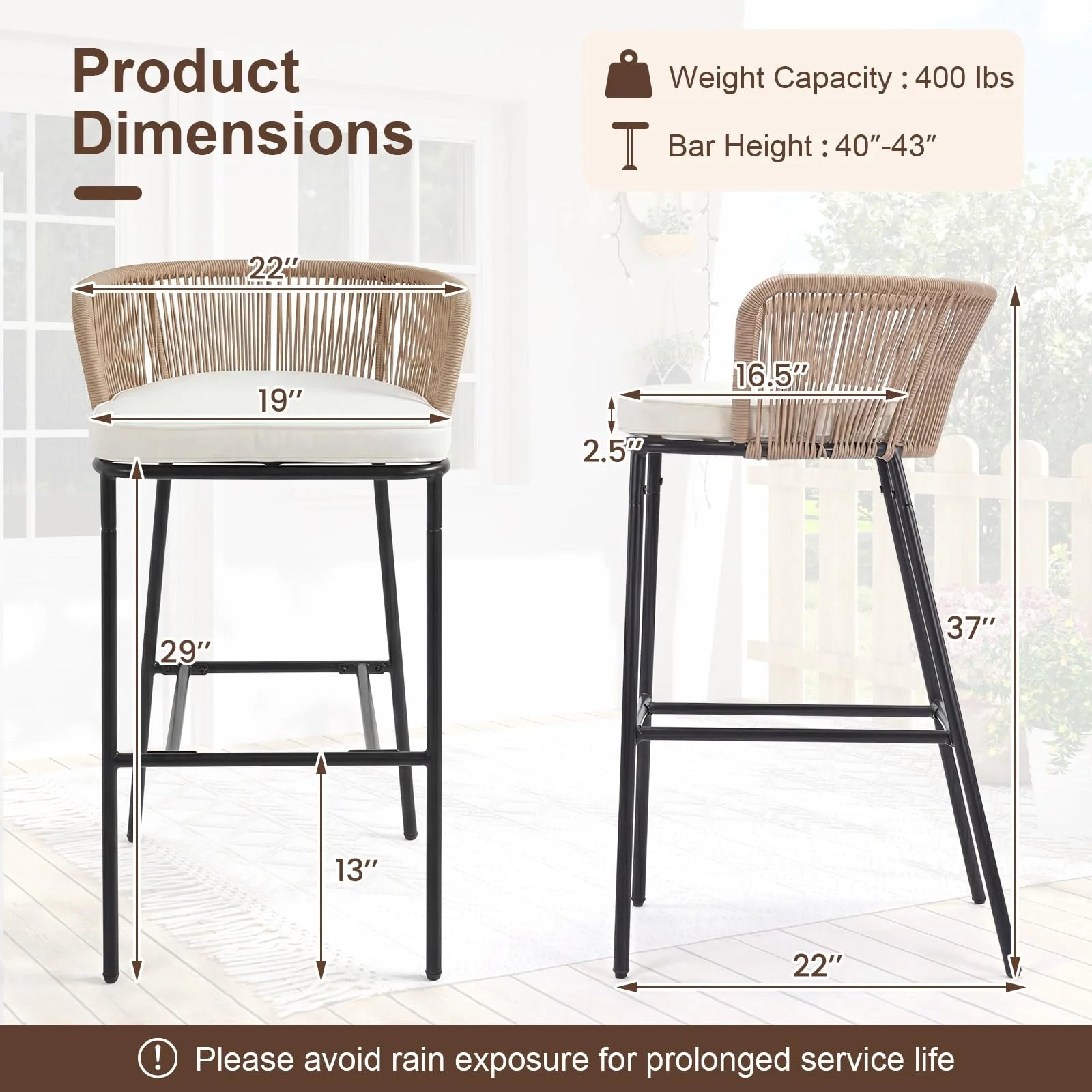 Tangkula Outdoor Bar Stools Set of 2/4 Bar Height Woven Rope Patio Chairs with Cushions and Backrests - Product image 3