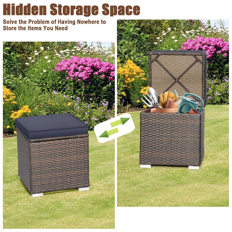 2PCS Wicker Outdoor Storage Ottomans with Removable Cushions, Multipurpose PE Rattan Footrest Side Table - Product image 15