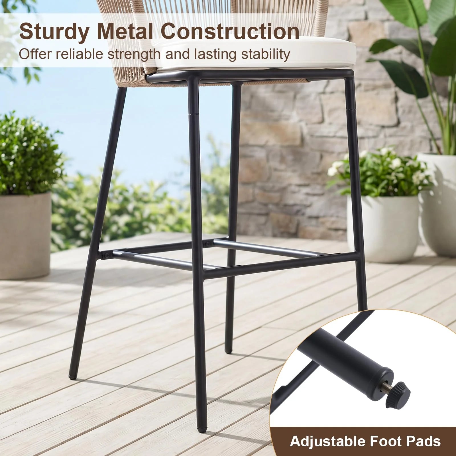 Tangkula Outdoor Bar Stools Set of 2/4 Bar Height Woven Rope Patio Chairs with Cushions and Backrests - Product image 5