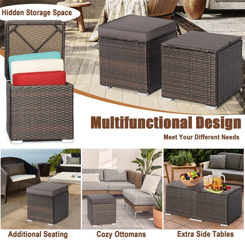 2PCS Wicker Outdoor Storage Ottomans with Removable Cushions, Multipurpose PE Rattan Footrest Side Table - Product image 26
