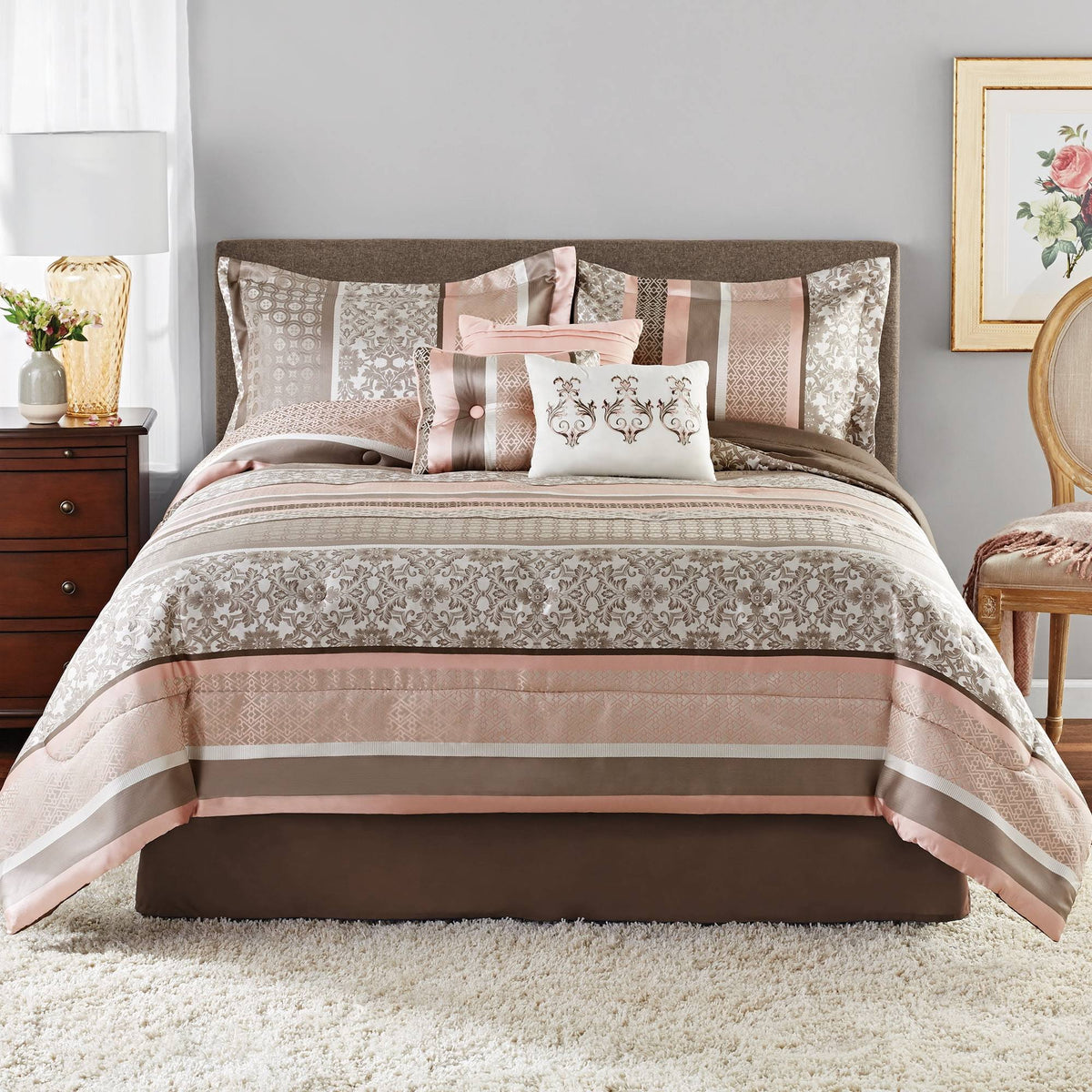 Mainstays Princeton Blush Stripe 7 Piece Comforter Bedding Set Size: Full/Queen - Product image 1