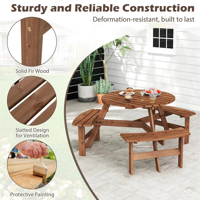 6-Person Round Wood Picnic Table Set with 3 Built-in Benches & 2" Umbrella Hole, Holds 1850 LBS - Product image 7