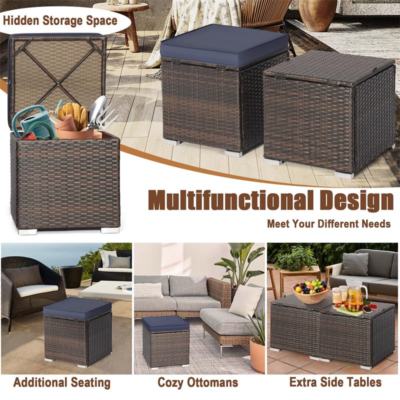 2PCS Wicker Outdoor Storage Ottomans with Removable Cushions, Multipurpose PE Rattan Footrest Side Table - Product image 17