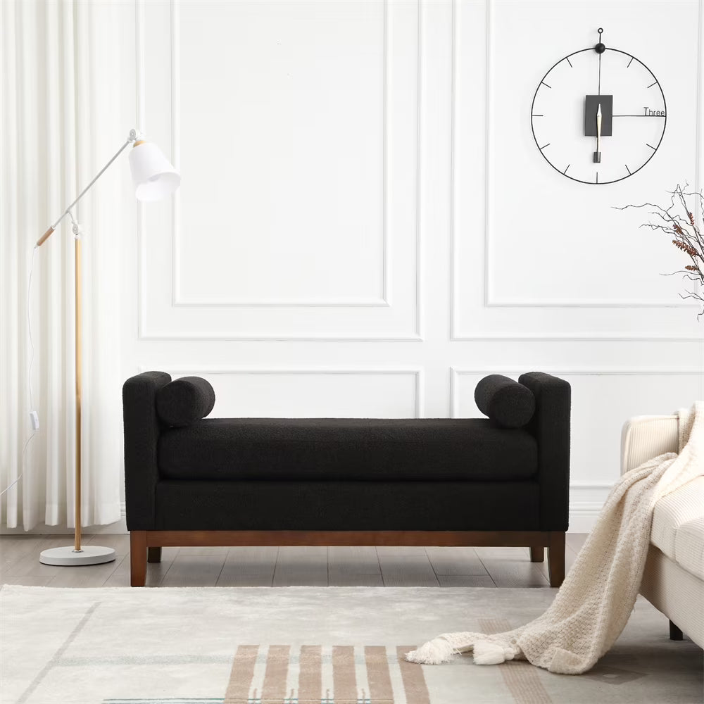 53.5"w Elegant Upholstered Bench with Wood Legs & Round Pillows, Comfy Boucle Fabric Footrest with Arms - Product image 7