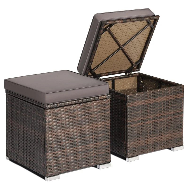 2PCS Wicker Outdoor Storage Ottomans with Removable Cushions, Multipurpose PE Rattan Footrest Side Table - Product image 19