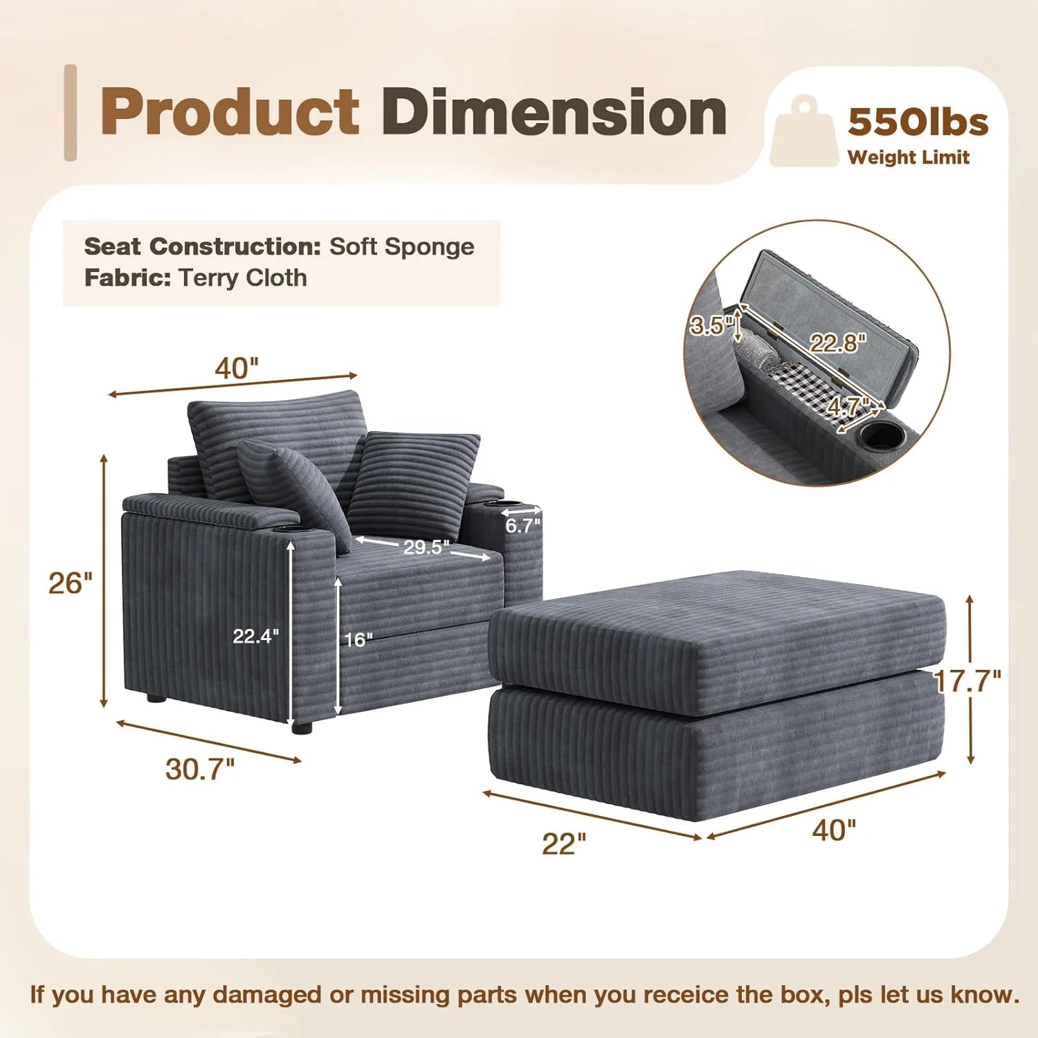 AECOJOY Chaise Lounge Chair Indoor, Oversized Sleeper Chair with Ottoman, Comfy Reading Sofa Armchair - Product image 3
