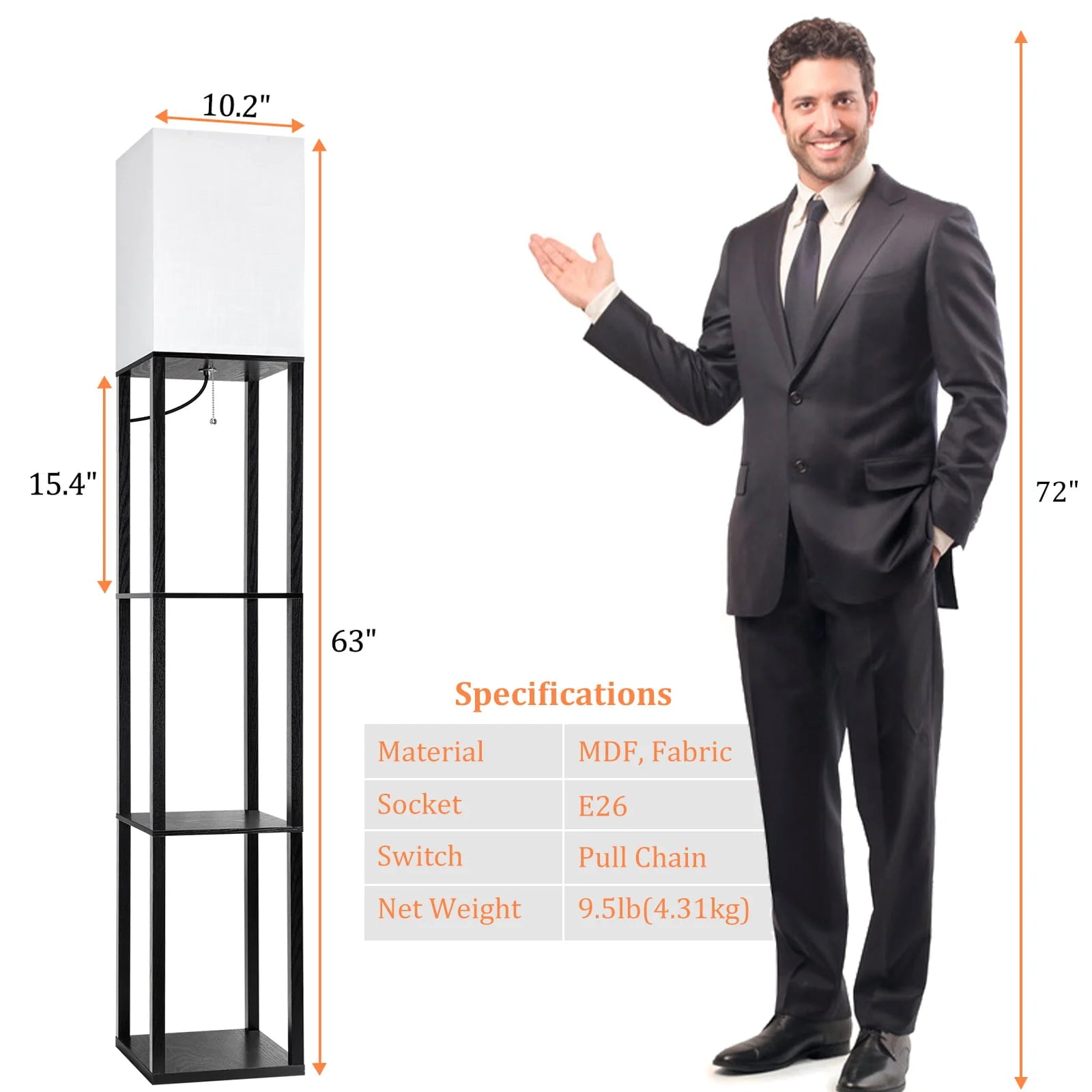 63" Shelf Floor Lamps with Shelves for Living Room Bedroom Office AVV Wood Modern Standing Lamps Black - Product image 2