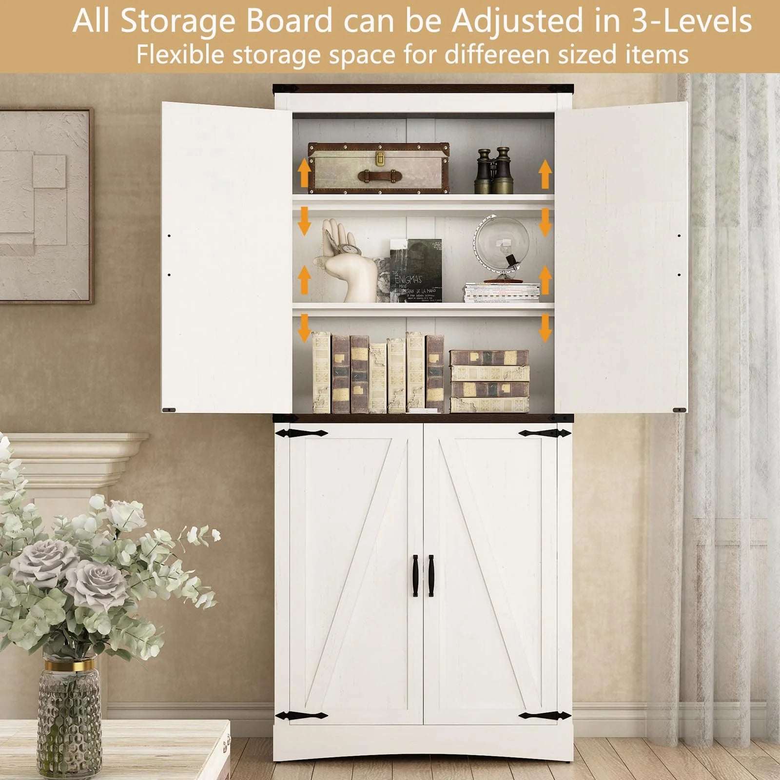 71" Tall Farmhouse Kitchen Pantry Cabinet, 5 Layers Storage Cabinet with Adjustable Shelves, Farmhouse Pantry Cabinet with 4 Barn Doors for Kitchen, Dining Room, Bathroom, Living Room, Rustic White