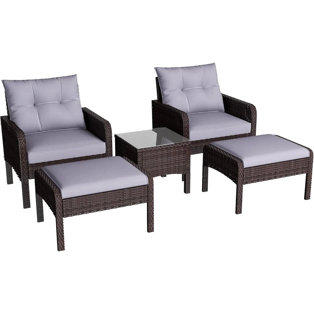 AECOJOY Outdoor 5 Pieces Patio Furniture Set, PE Rattan Wicker Chairs with Ottoman and Table, Brown/Grey - Product image 1