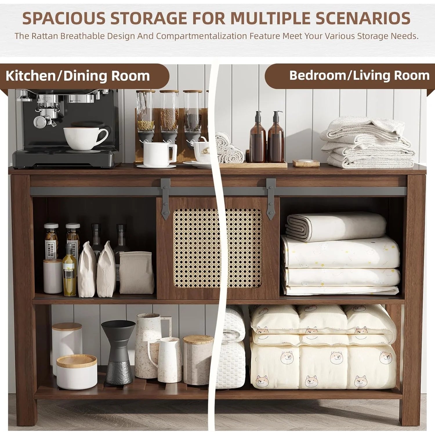 AECOJOY Buffet Cabinet, Coffee Bar Storage Cabinet, 46'' Coffee Bar Table with Rattan Sliding Barn Door - Product image 6