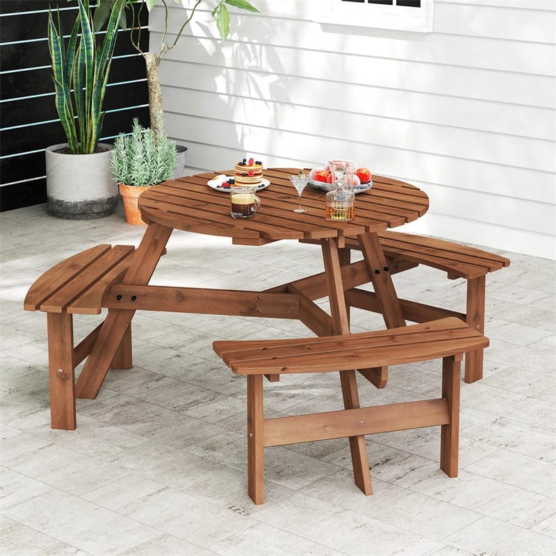 6-Person Round Wood Picnic Table Set with 3 Built-in Benches & 2" Umbrella Hole, Holds 1850 LBS - Product image 2