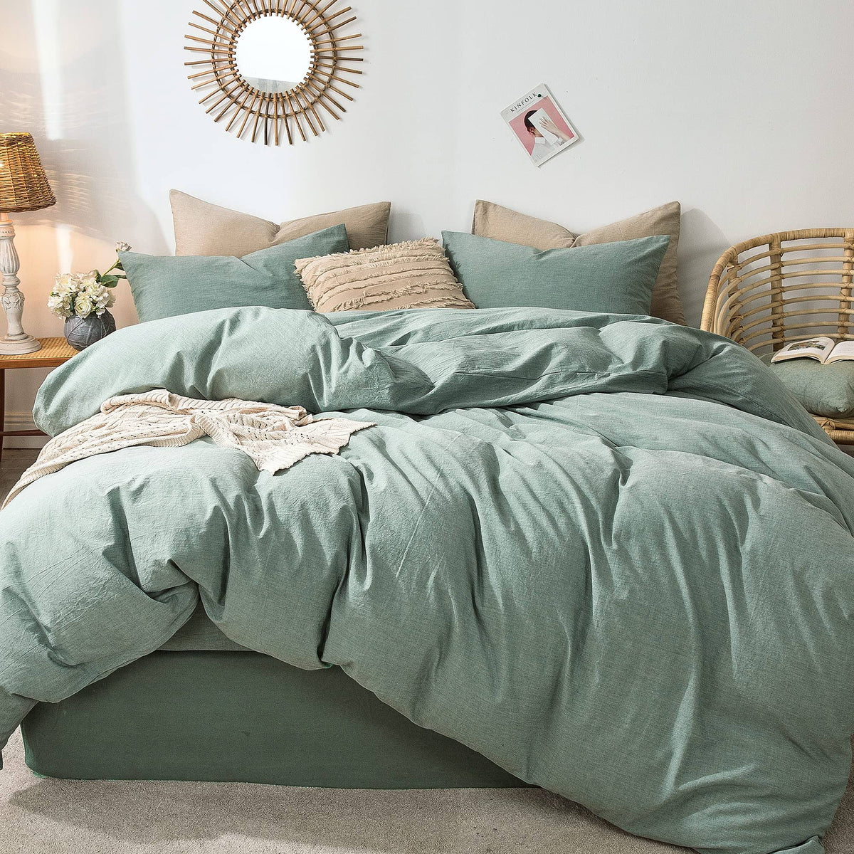 MooMee Bedding Duvet Cover Set 100% Washed Cotton Linen Like Textured Breathable Durable Soft Comfy (Green - Product image 1