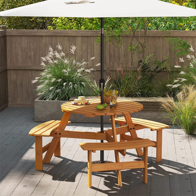 6-Person Round Wood Picnic Table Set with 3 Built-in Benches & 2" Umbrella Hole, Holds 1850 LBS - Product image 13