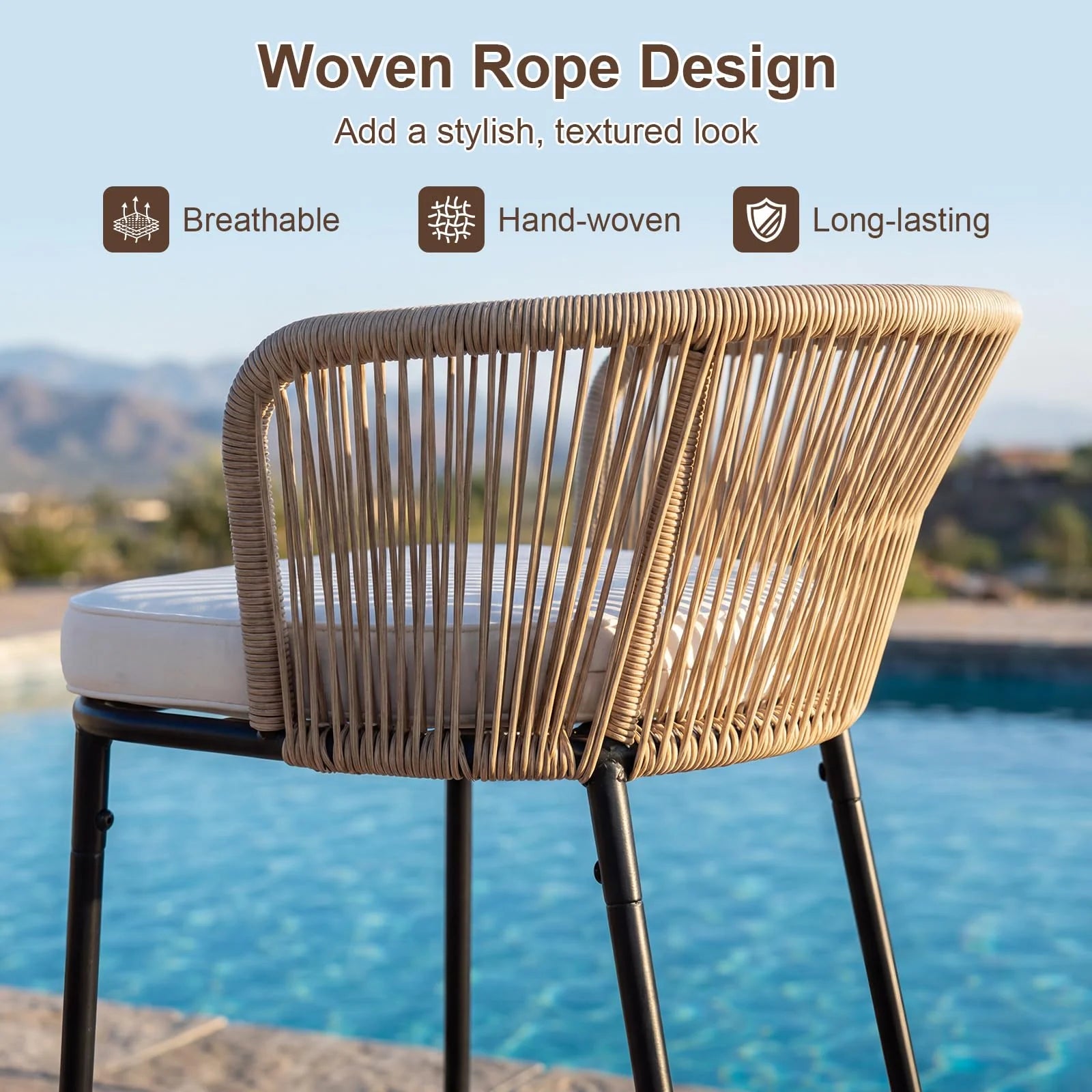 Tangkula Outdoor Bar Stools Set of 2/4 Bar Height Woven Rope Patio Chairs with Cushions and Backrests - Product image 7