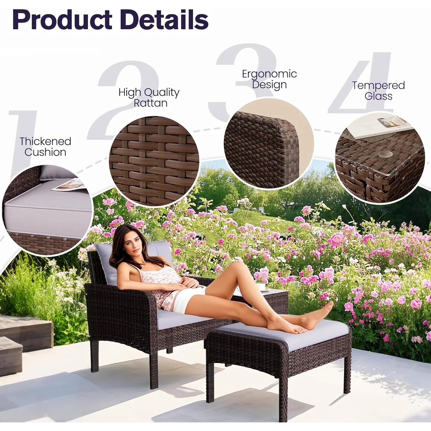 AECOJOY Outdoor 5 Pieces Patio Furniture Set, PE Rattan Wicker Chairs with Ottoman and Table, Brown/Grey - Product image 5