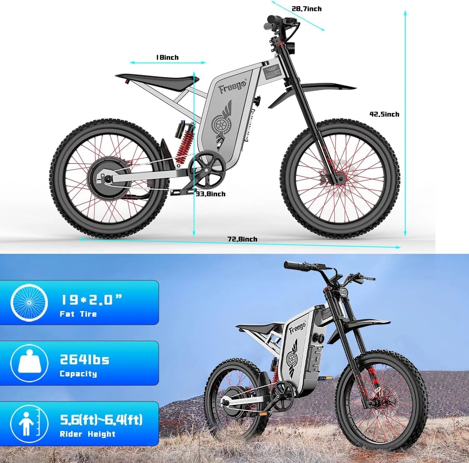 6000W(Peak) Motor 60V/30ah Battery Freego X2pro Electric Motorcycle for Adults, Electric Bike - Product image 8