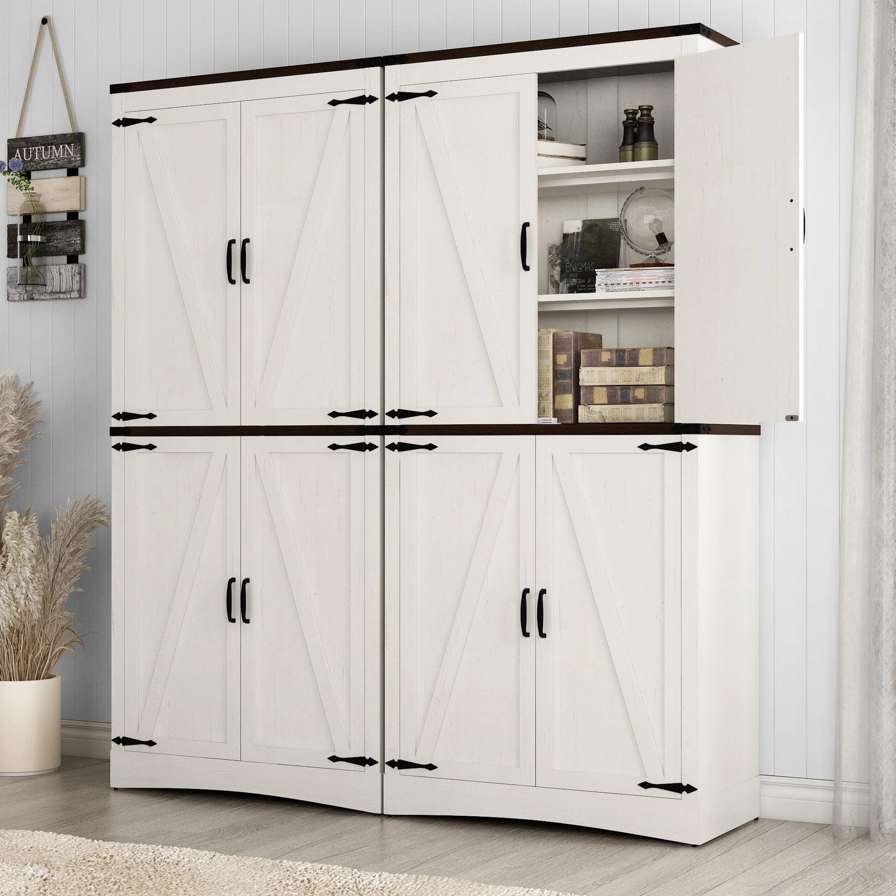 71" Tall Farmhouse Kitchen Pantry Cabinet, 5 Layers Storage Cabinet with Adjustable Shelves, Farmhouse Pantry Cabinet with 4 Barn Doors for Kitchen, Dining Room, Bathroom, Living Room, Rustic White