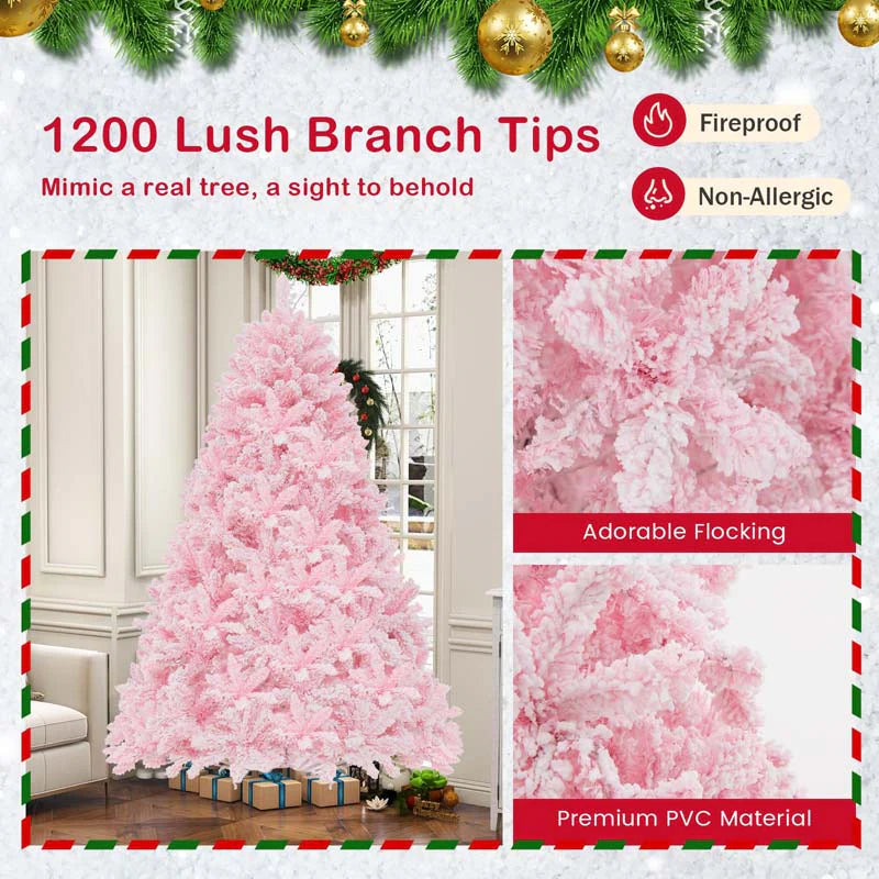 7 FT Pre-lit Pink Artificial Christmas Tree, Hinged Snow Flocked Holiday Tree with 1200 Tips - Product image 5